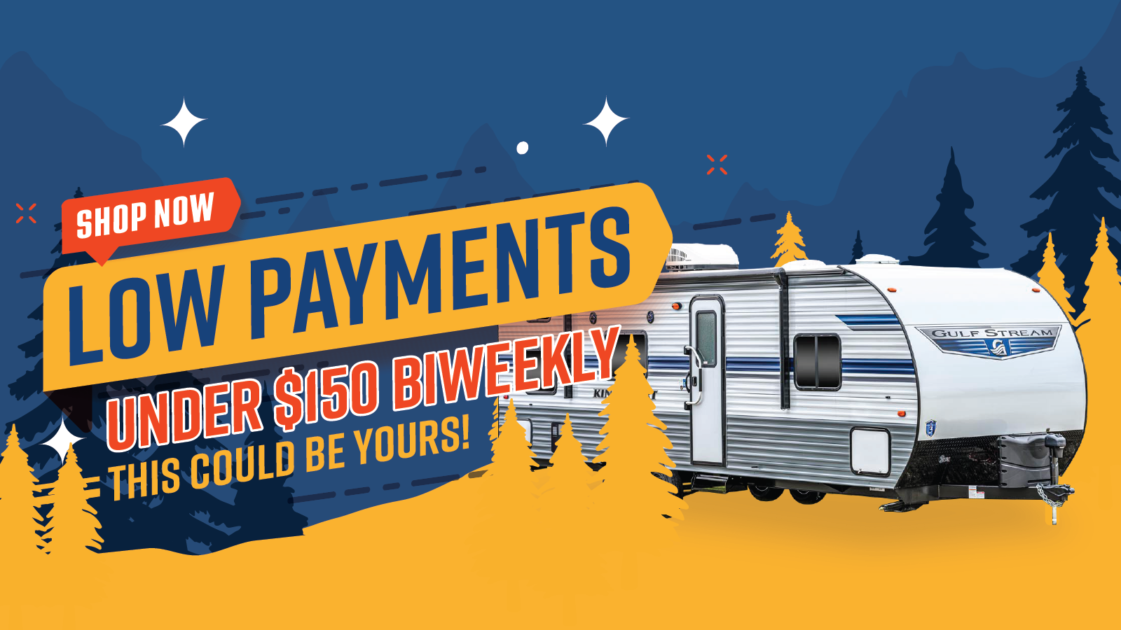 Oceanside RV Graphic Low payments under 150$ biweekly this could be wrong with an RV and blue and yellow photo forest background